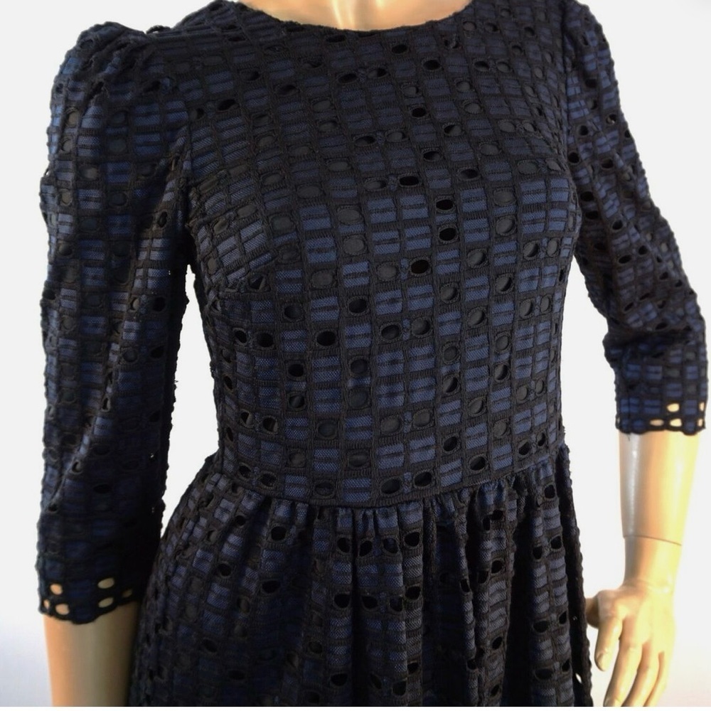 NWOT Ann Taylor Sheath Dress Blue & Black Perforated Lace Overlay Size 4 Petite